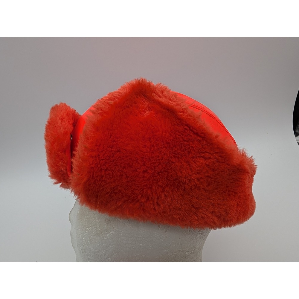 Vintage Red Leather Trapper Hat Faux Fur Trim Ear Flaps Winter Cap